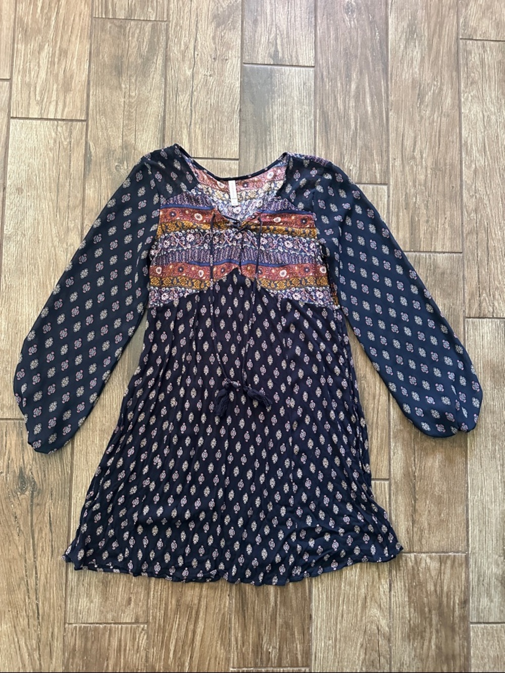 Xhilaration Floral Paisley Boho V-Neck Dress in Navy and Rust